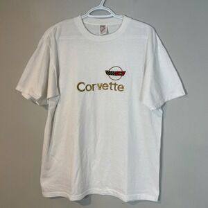VTG Jerzees Corvette T-Shirt Mens Large White Single Stitch Made USA 90s FLAW